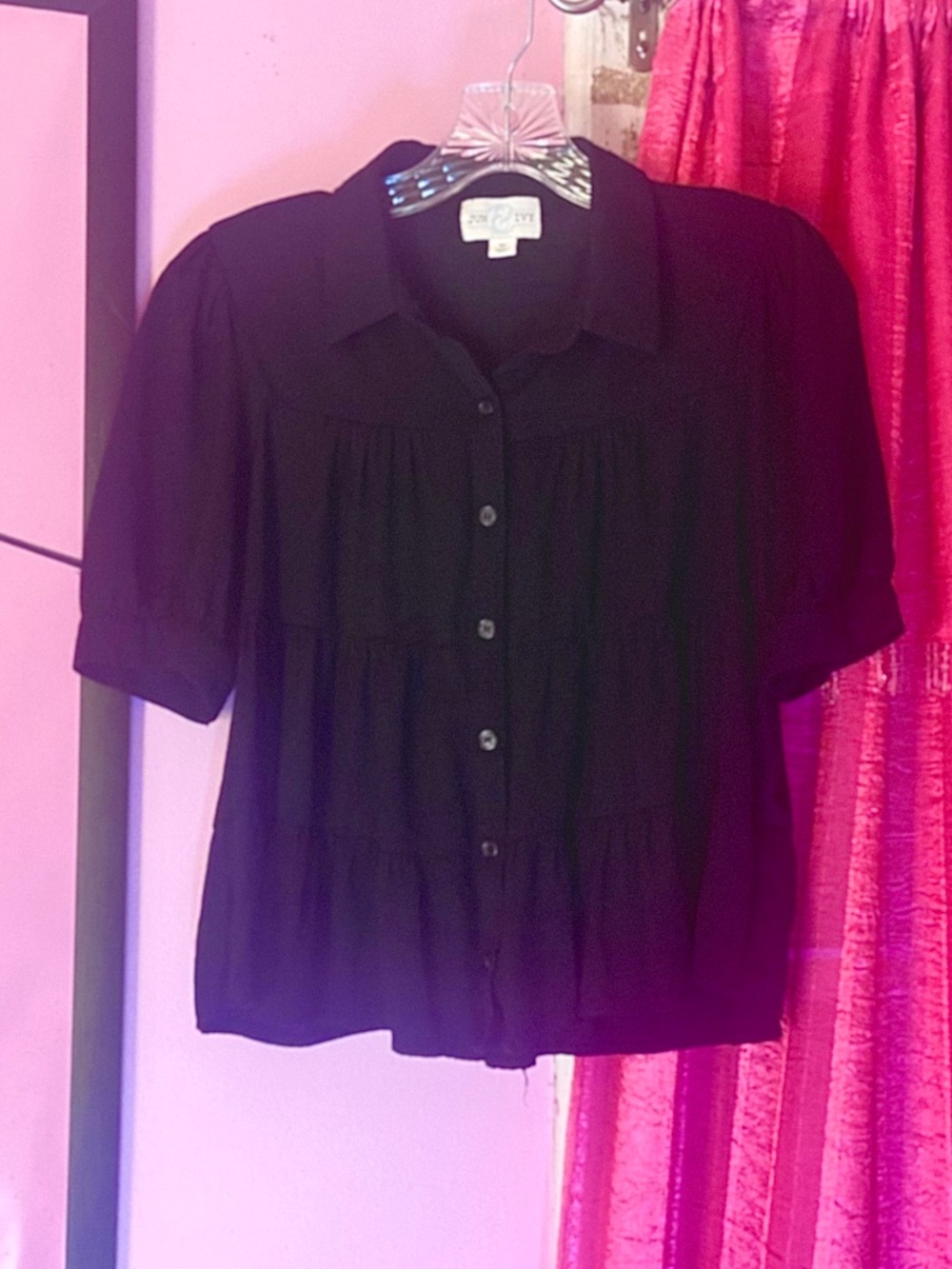 Jun & Ivy Button Down Baby Doll Top Black Cropped Tailored Stylish Womens Medium